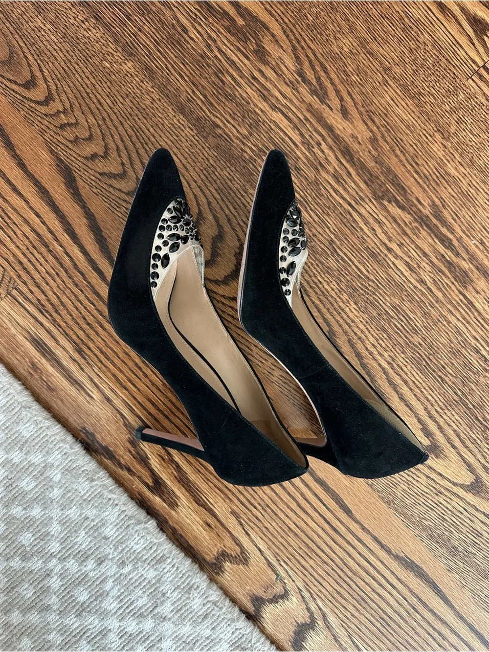 Tory Burch Black Suede Pointed Toe Pumps with Silver Floral Cutout